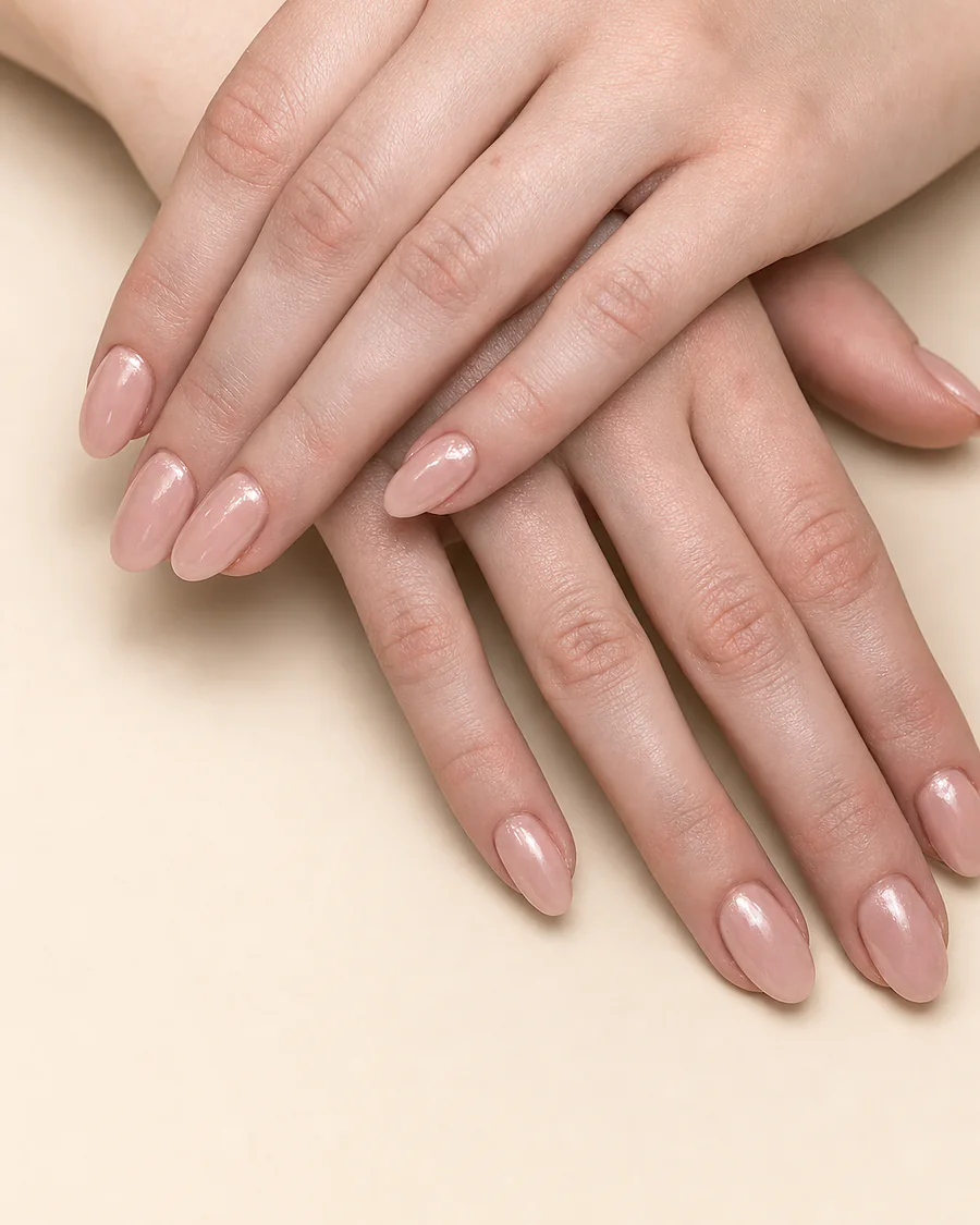 A nude gloss manicure on almond-shaped nails