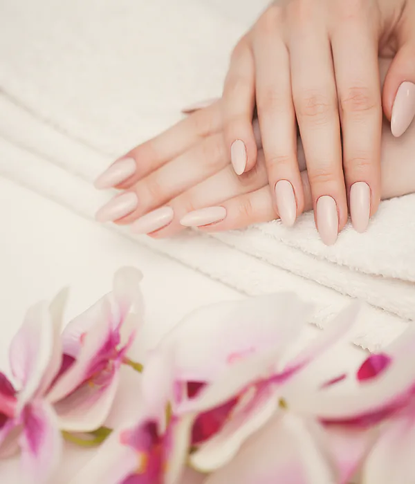 A pale gel overlay set beside pink orchids