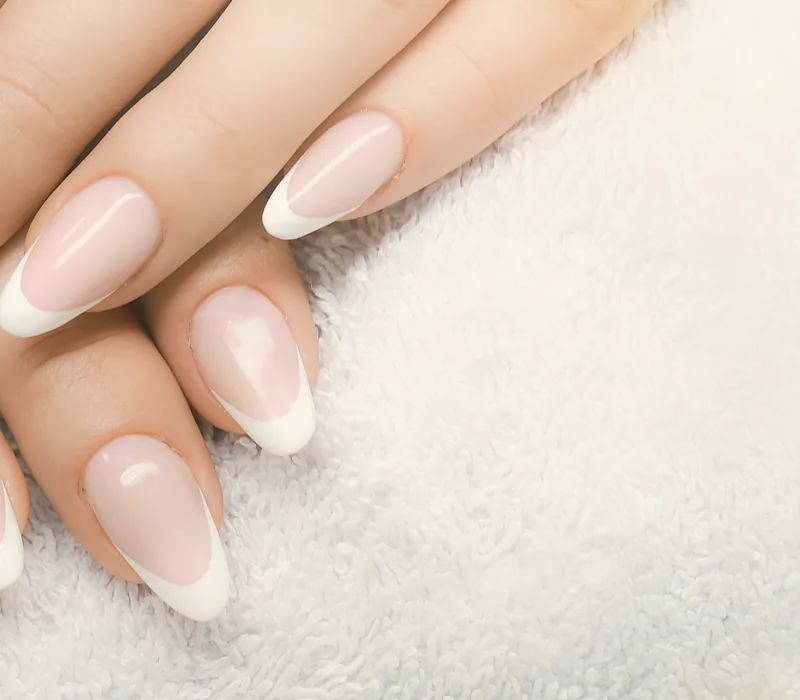 A gel overlay finished in a soft, natural almond shape